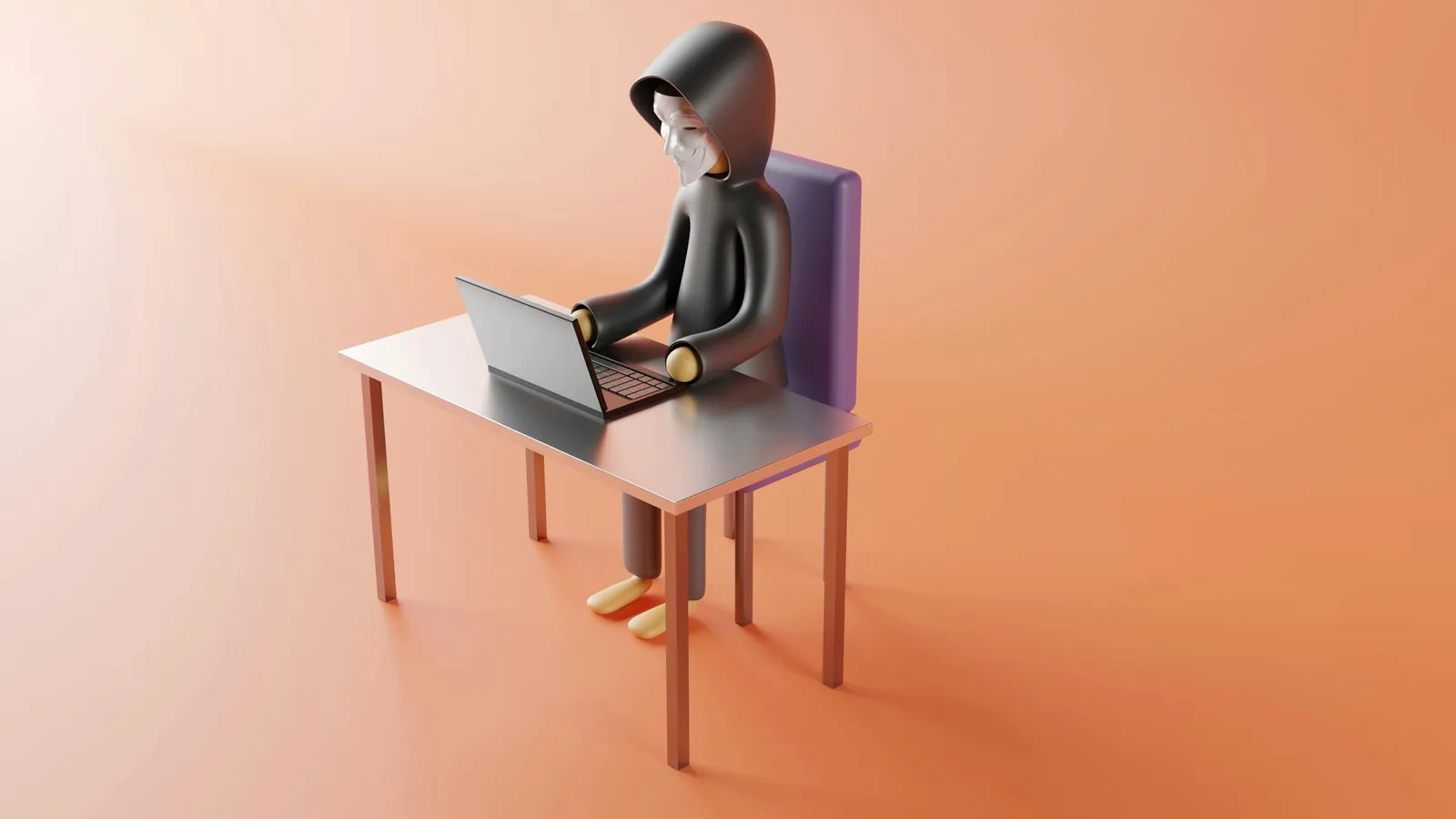 Illustration of a hooded figure at a laptop representing modern malware, spyware, and adware threats